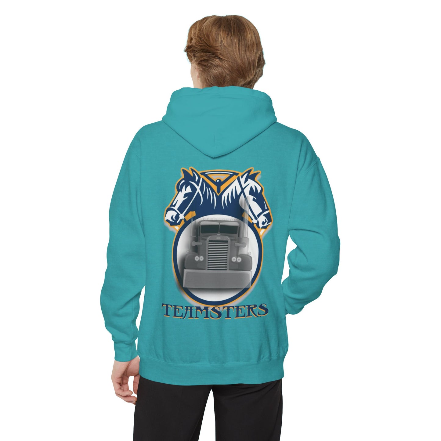 Teamsters Garment-Dyed Hoodie - Wheel & Horse Design, Perfect for Truck Enthusiasts